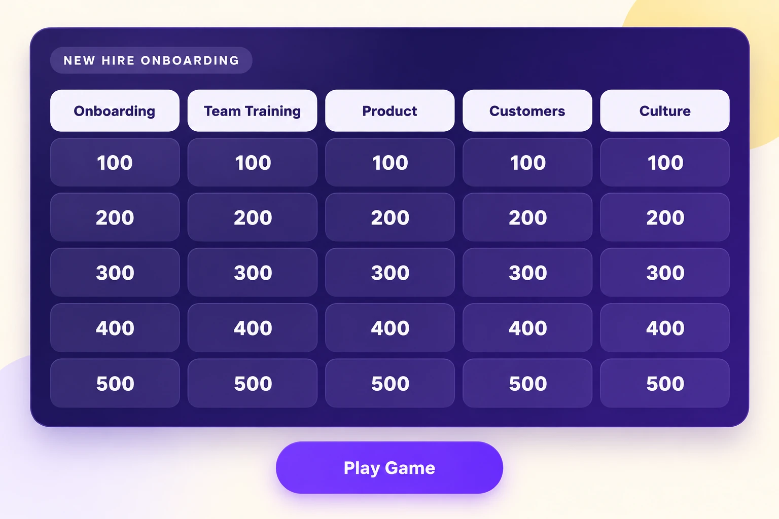 Illustrated preview of Quiz Champ’s purple category and points board